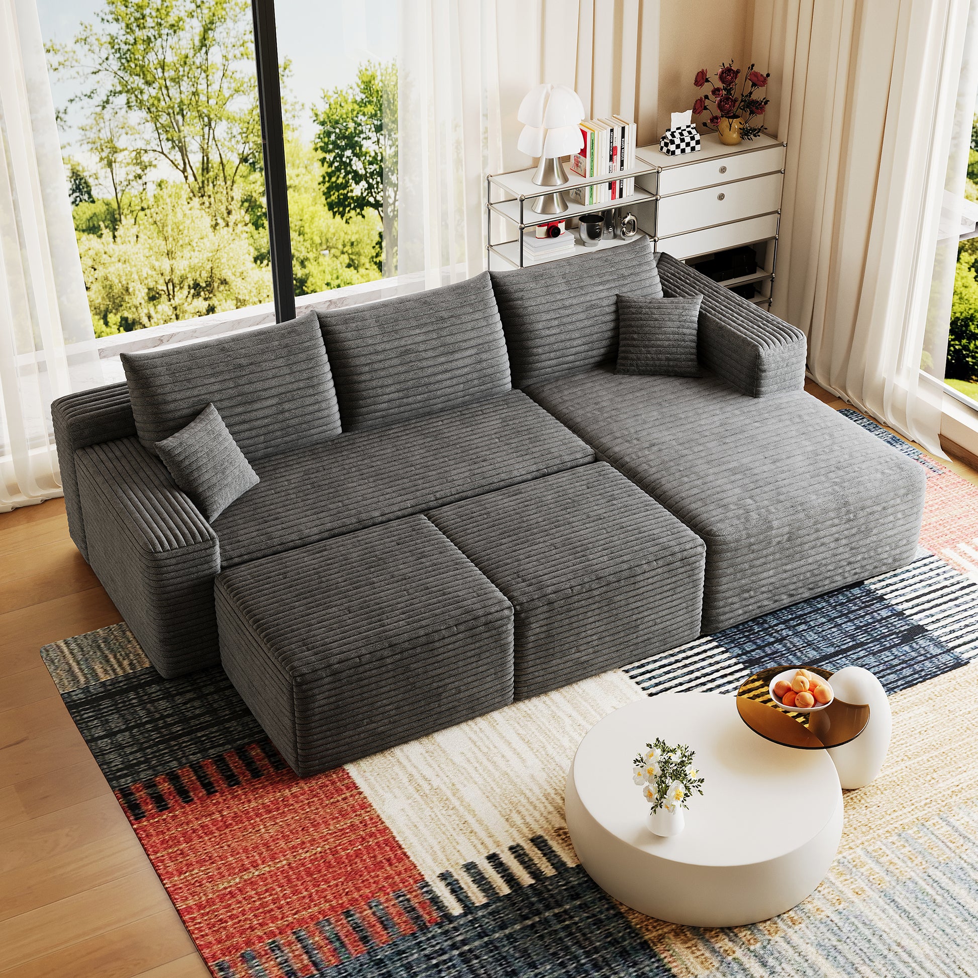 95" Cloud Sectional Sofa with 2 Ottoman,Modern Minimalist Upholstered Couches, Comfort U Shaped Sofa for Living Room,Deep Seat Corner Couch,No Assembly Required,Dark Grey(Plush Corduroy Fabric) image 6