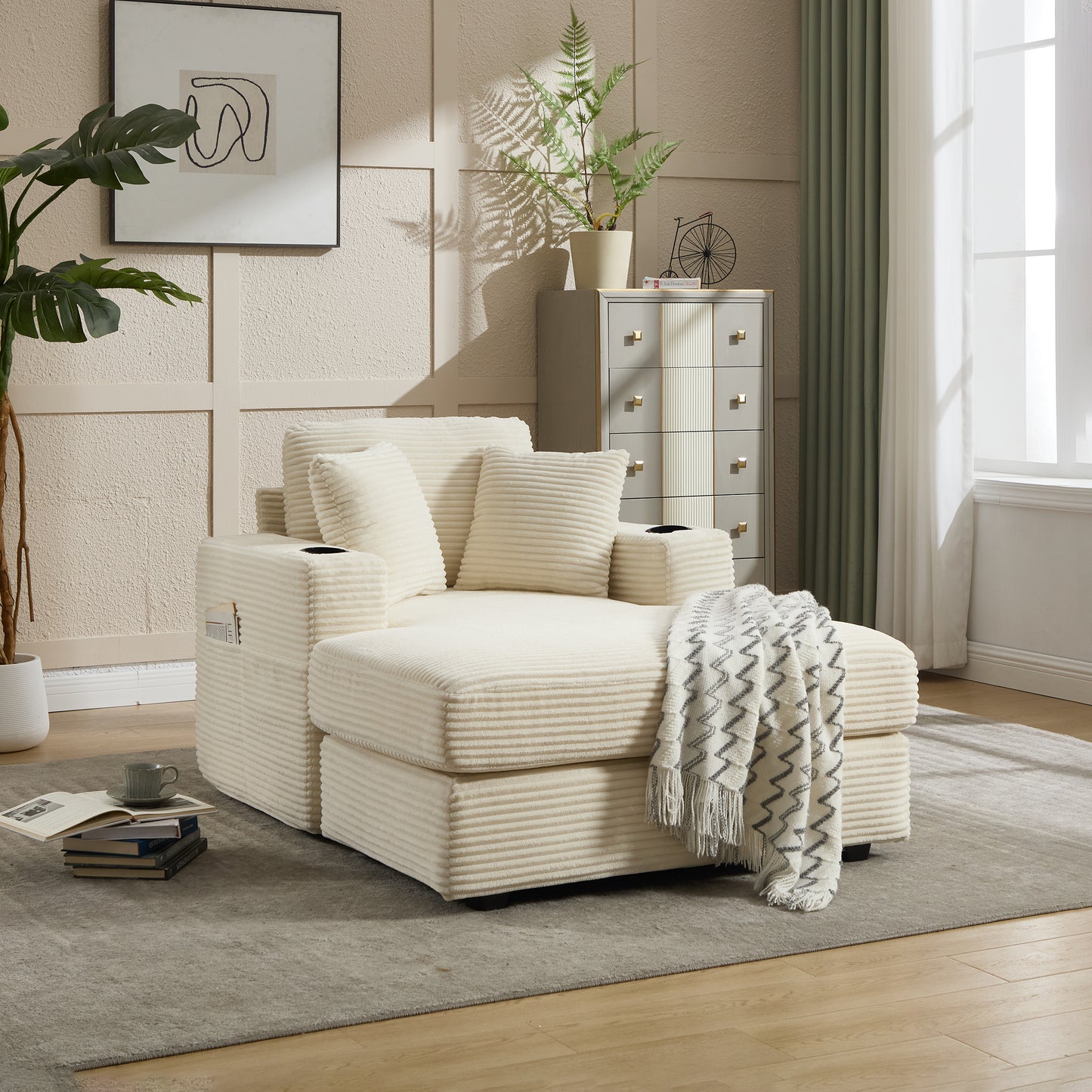[New]Corduroy Upholstered Chaise Lounge Sofa,Magazine bag,Detachable Cushions Deep Seat for Living Room Office,3 colour image 5