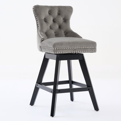 Swivel Velvet Barstools with Button Tufted Decoration and Wooden Legs, and Chrome Nailhead Trim, Leisure Style Bar Chairs,Bar stools, Set of 2 (Gray),SW1860GY image 3