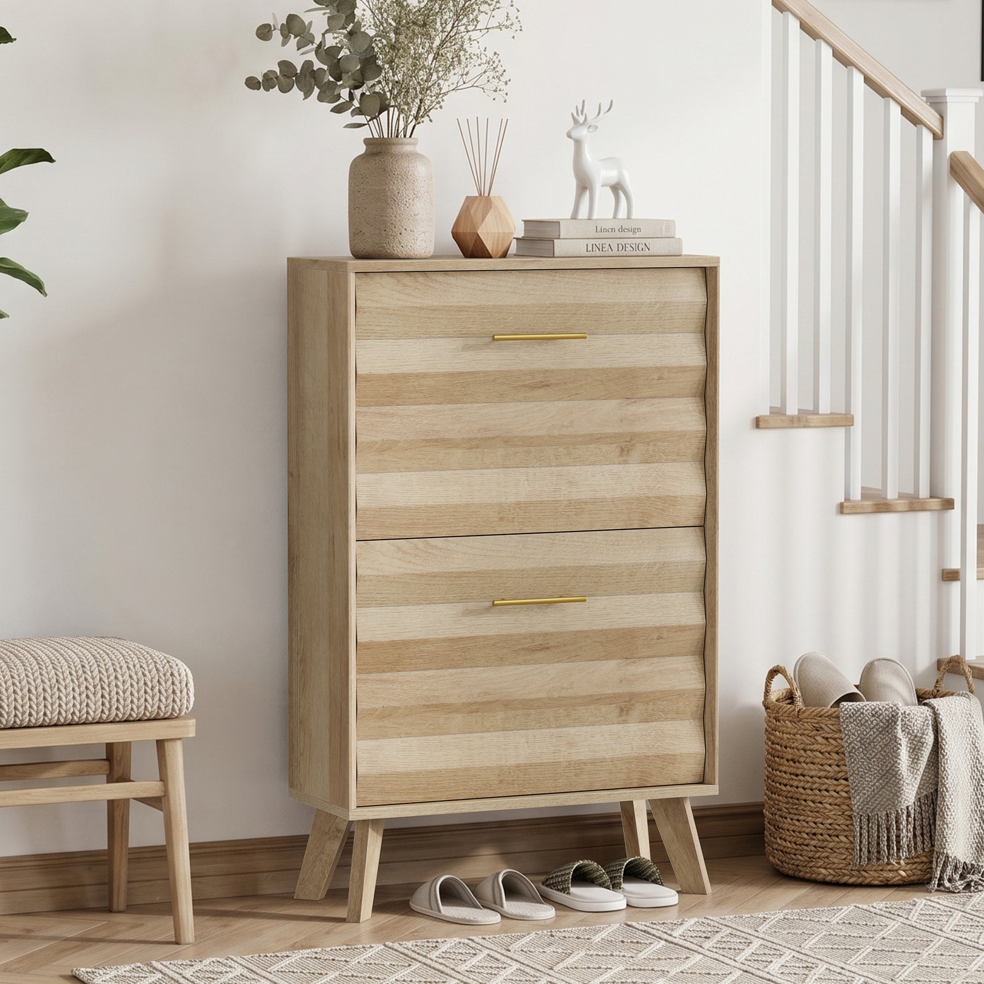 23.6-inch Oak Wood Slim Flip-Top Shoe Cabinet, Mid-century Modern Freestanding Shoe Cabinet, Home Entryway Double Flip-Top Door Large Capacity Narrow Style Shoe Rack image 1