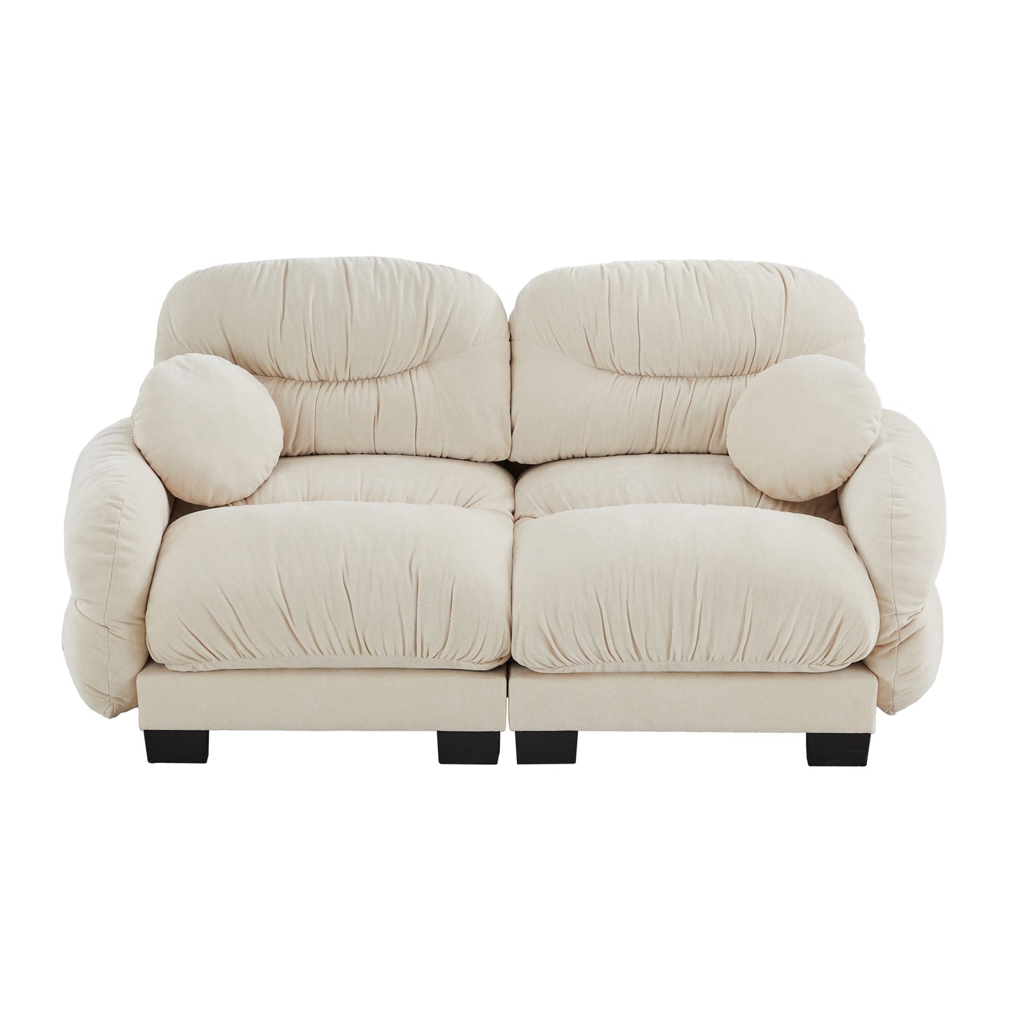 Pleated Design Cozy Chenille Fabric 2 Seater Modular Sofa with High-Density Ergonomic Foam Seat, Curved Round Armrests and 2 Round Throw Pillows,Beige image 4