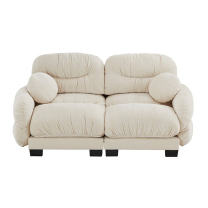 Pleated Design Cozy Chenille Fabric 2 Seater Modular Sofa with High-Density Ergonomic Foam Seat, Curved Round Armrests and 2 Round Throw Pillows,Beige image 4
