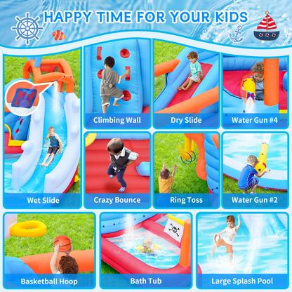 9 in1 Inflatable Slide Water Park Jump Area Dual Slides Climbing Wall Anchor Ring Toss Basketball Hoop Dual Water Guns Shallow and Bathing Poolsfor Kids image 2