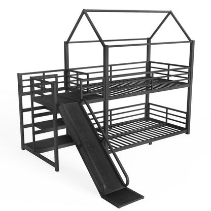 Twin metal House Bunk Bed with Storage Stairs, Slide, Safety Rails, Black image 12