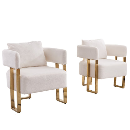 TS Modern decorative chair, living room side chair with gold metal legs, no wheels, suitable for dressing area, reception room, office,Teddy fleece upholstered metal foot sofas 2PCS White image 6