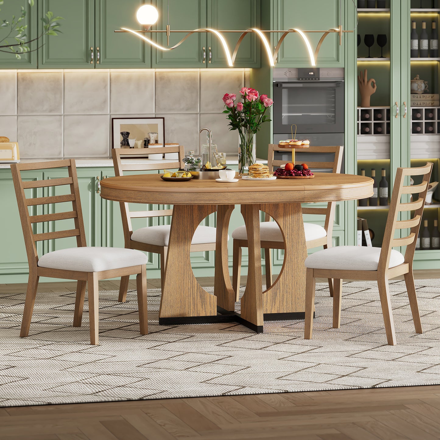 TREXM Round Dining Table for 4 with Chairs Set, Extendable Dining Table Set with 16" Removable Middle Leaf, 5 Piece Retro Dining Table Set Unique Geometric Design for Kitchen, Dining Room (Natural) image 1