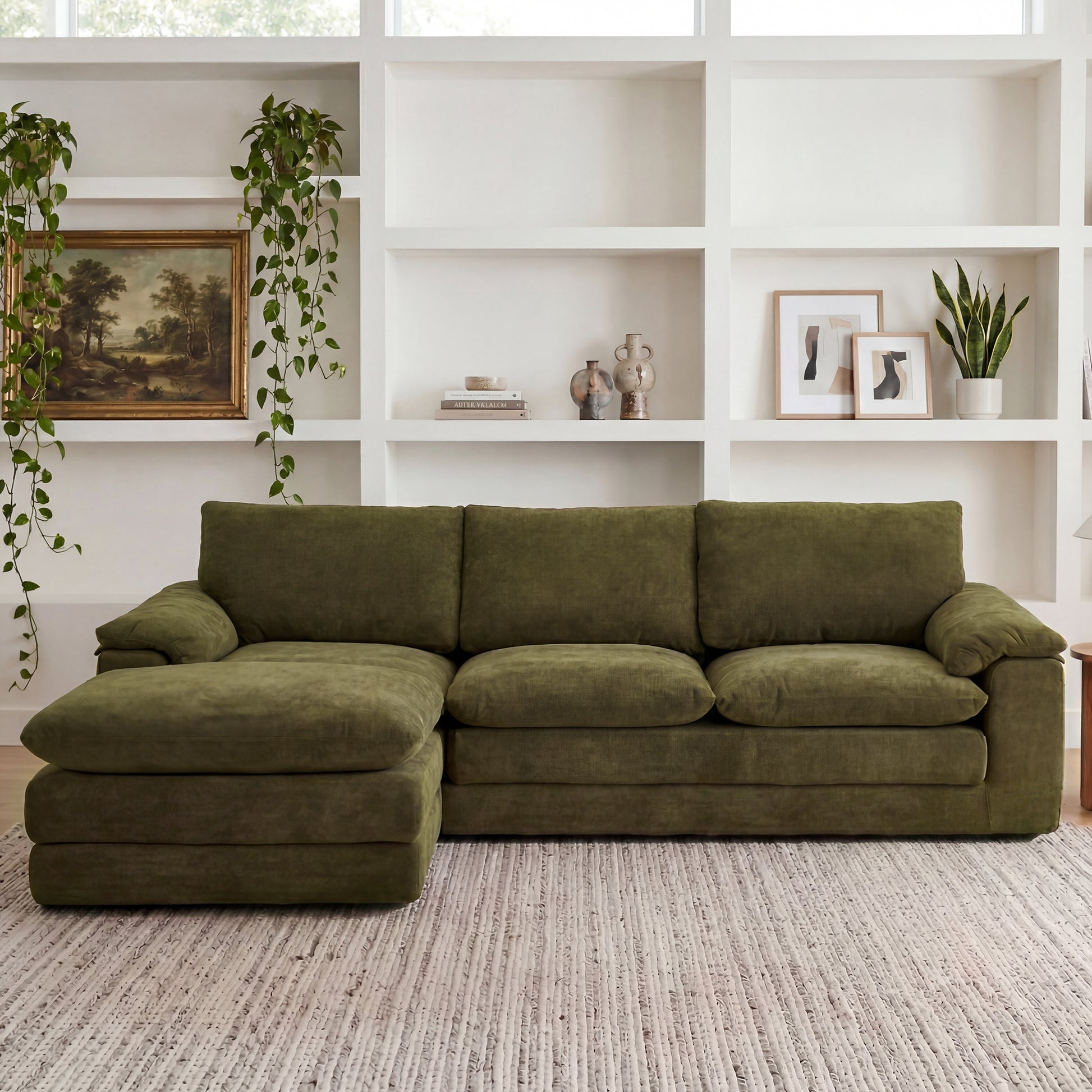 Modular Sectional Sofa, L Shape Cloud Couch with 1 Movable Ottoman, Comfy Chenille Deep Seat Sofa with Soft Pillows for Living Room Apartment (Green) image 3