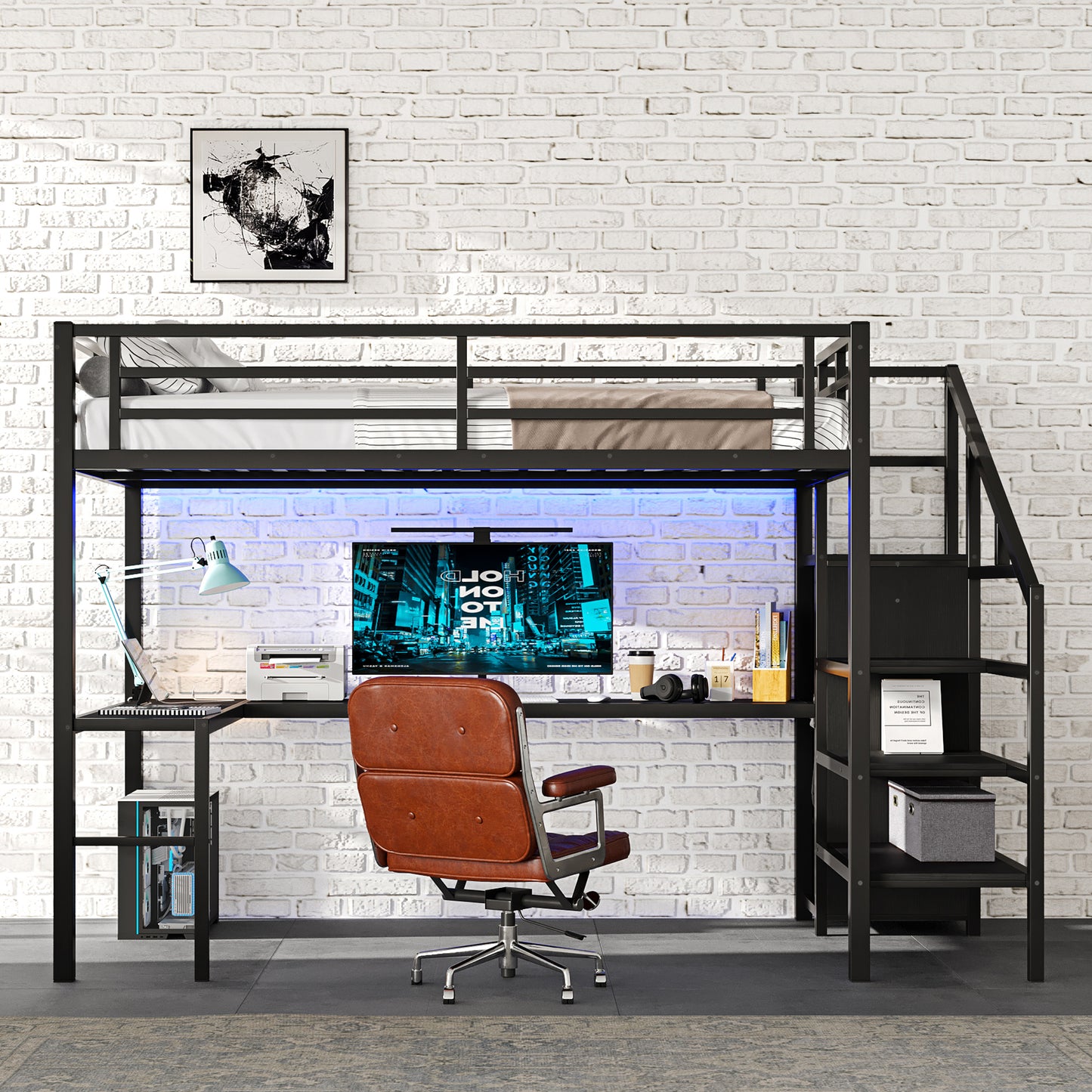 Full Size Loft Bed with L-shaped Desk and USB, Metal Loft Bed with Wardrobe and Adjustable Shelf, High Loft Bed with LED for Kids Teens Adults, Black image 3