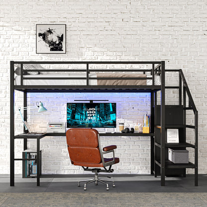 Full Size Loft Bed with L-shaped Desk and USB, Metal Loft Bed with Wardrobe and Adjustable Shelf, High Loft Bed with LED for Kids Teens Adults, Black image 3