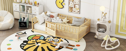 Twin Size Floor bed, integral construction with super high security barrier, door, children's floor bed frame, Montessori wooden children's floor bed, Support slat Natural Wood(Patented model) image 5