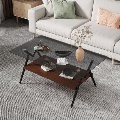 Rectangle Coffee Table with Tempered Glass top and Brown MDF Shelf, Modern Table for Living Room, Gray Glass image 4