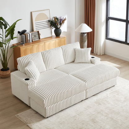 84Inch Corduroy 3-seater sofa With 3 back pillows,2 toss pillows, 2 ottoman,2 Footstool Storage and cup-holding grooves Comfy Sofa- Deep Seat Couch for Living Room image 3