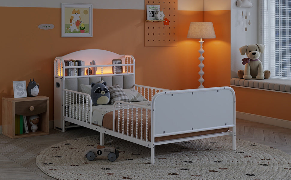 Twin Size Metal Platform Bed Frame with Light, Kids Twin Metal Bed with Upholstered and Pull Out Storage Shelves, White (Expect Arrival Date 2025/10/5) image 8
