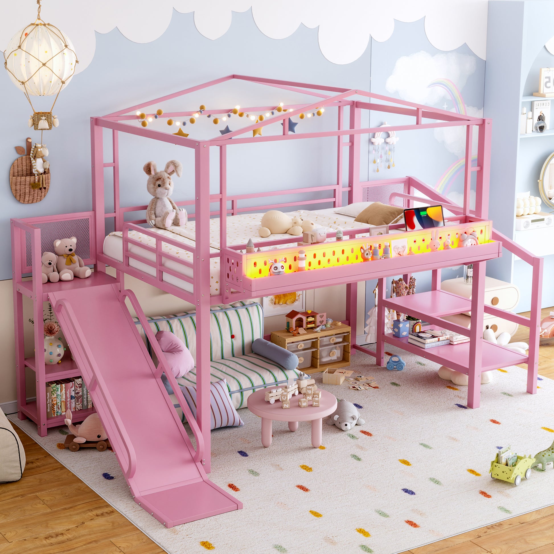 Full Size Loft Bed with Storage Stairs, Shelves and Built-in Wardrobe, Metal Loft Bed Frame with USB Ports and LED Lights, Noise-reduced Design, Pink image 5