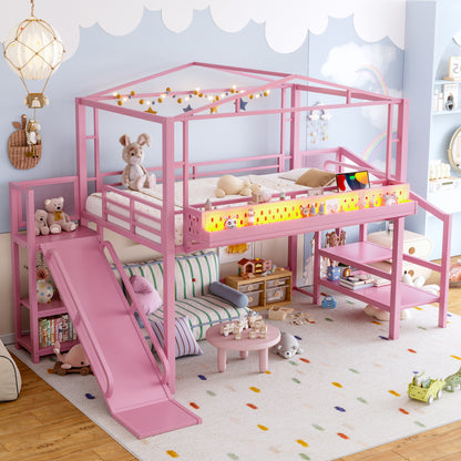 Full Size Loft Bed with Storage Stairs, Shelves and Built-in Wardrobe, Metal Loft Bed Frame with USB Ports and LED Lights, Noise-reduced Design, Pink image 5