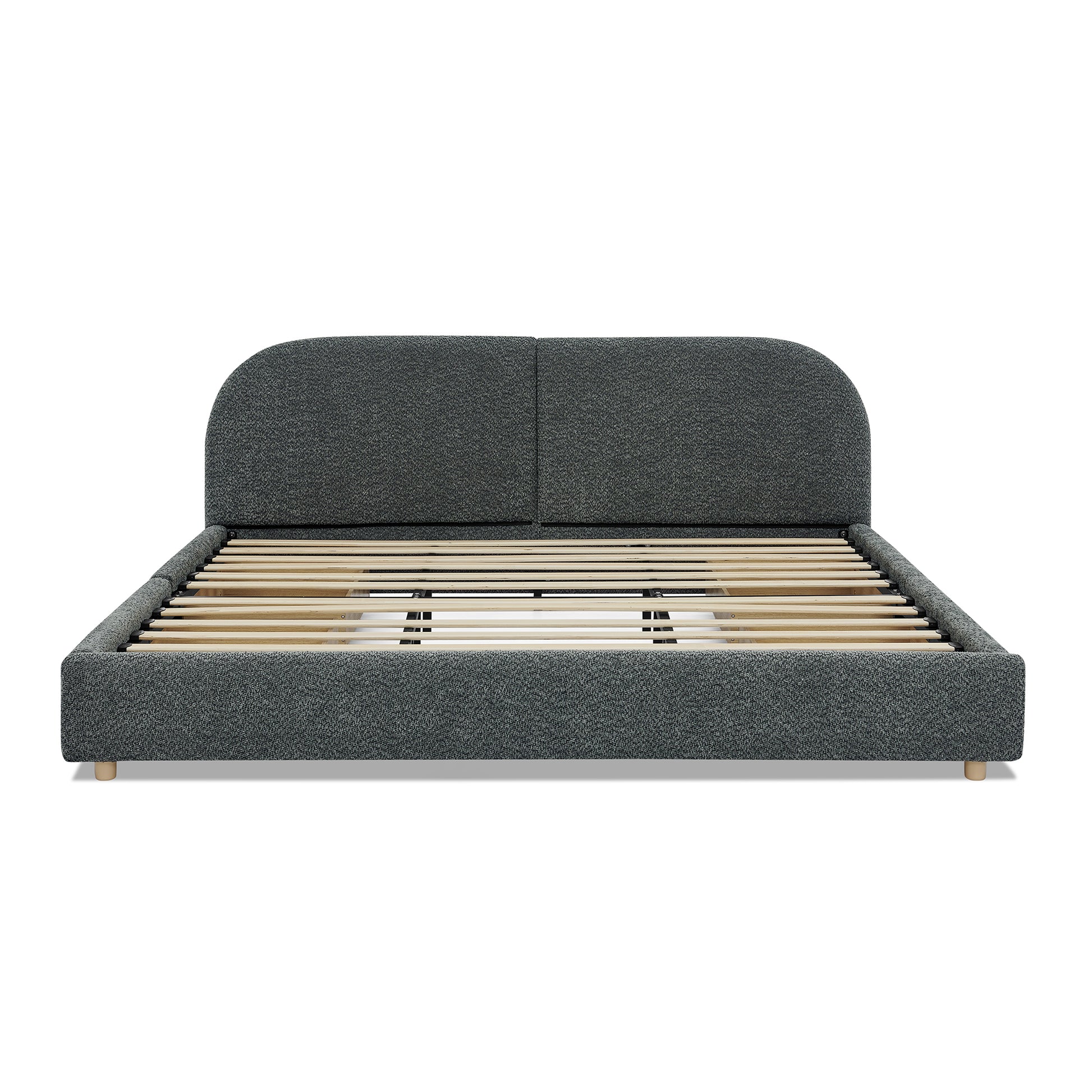 King Size Upholstered Bed Frame Modern Minimalist Style - Circle Yarn Fabric, Tall Curved Headboard, Sturdy Leg Support & Wheeled Drawer Storage, Mattress Not Included - Dark Gray image 12