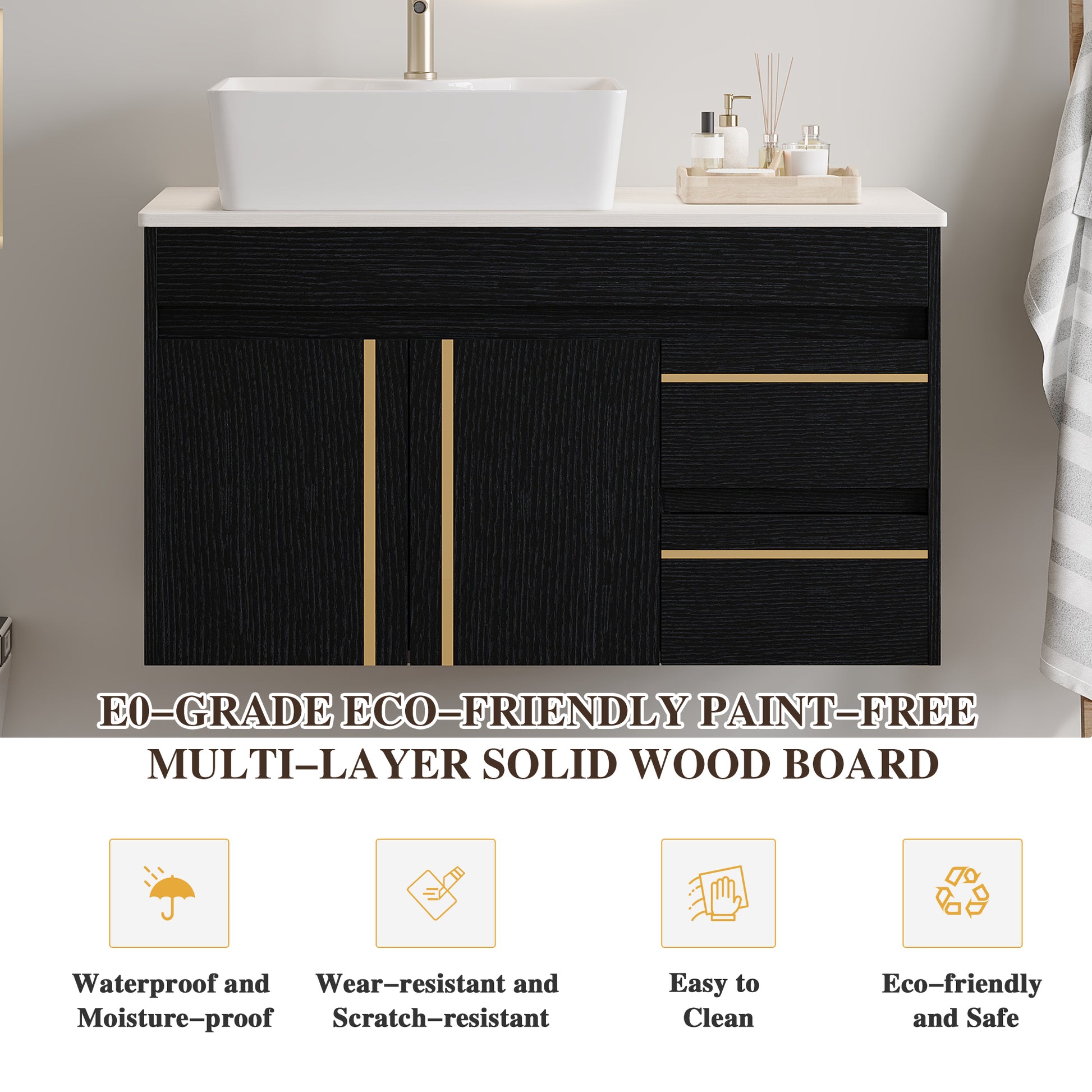 36" Wall-Mounted Bathroom Vanity with Vessel Ceramic Sink & Plywood Countertop – Soft-Close Door & Drawers, Floating Design image 12