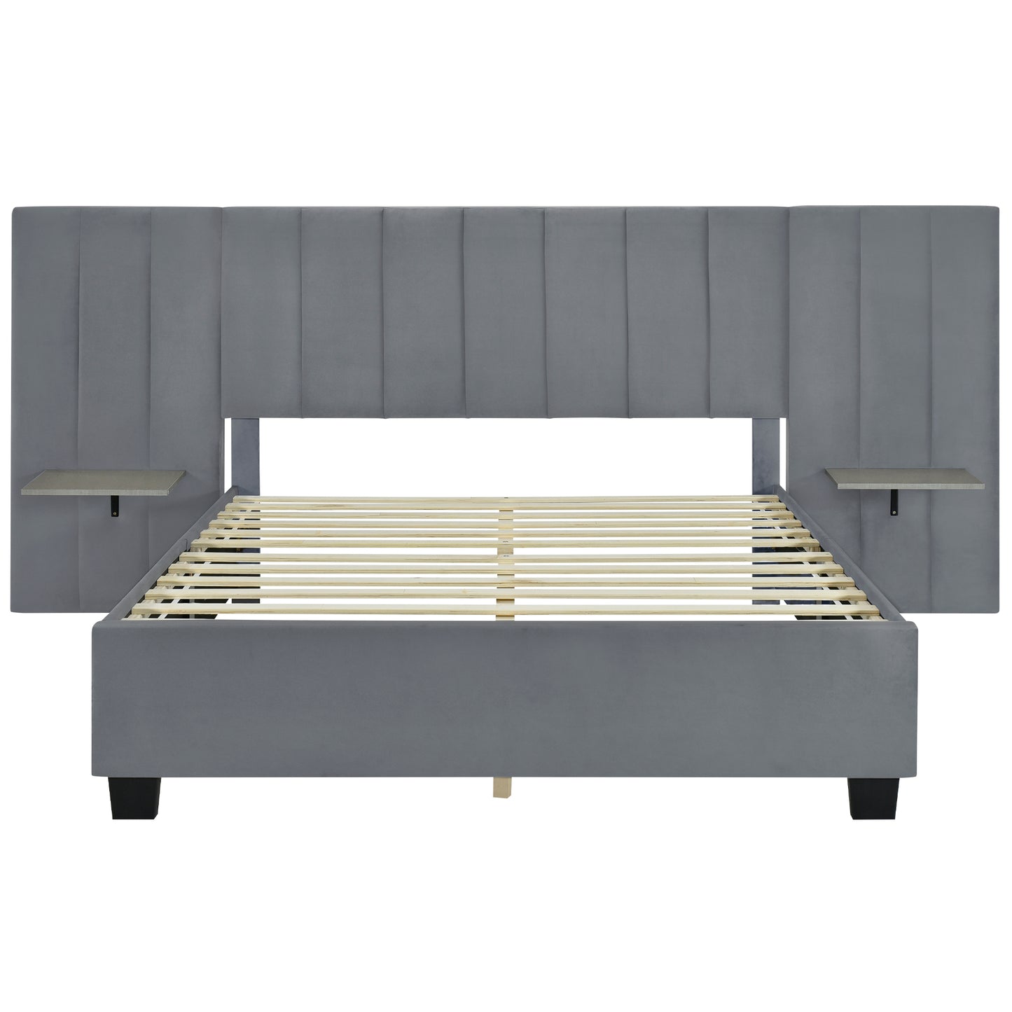 Queen Size Upholstered Platform Bed with Big Headboard, Bedroom Furniture, Velvet, Gray image 4