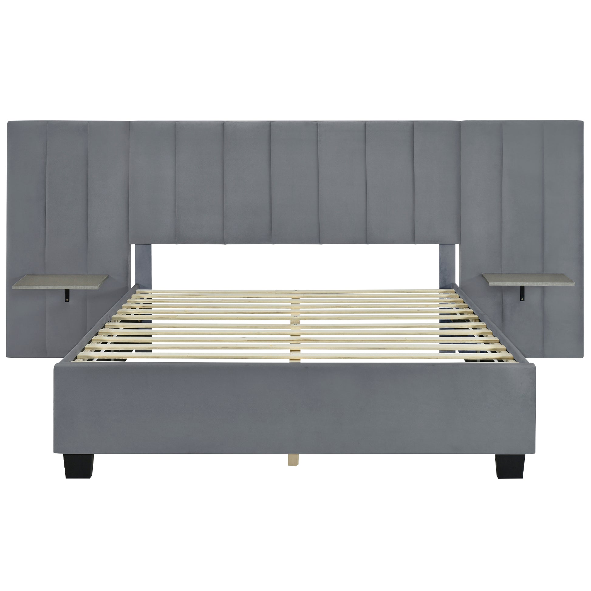 Queen Size Upholstered Platform Bed with Big Headboard, Bedroom Furniture, Velvet, Gray image 4