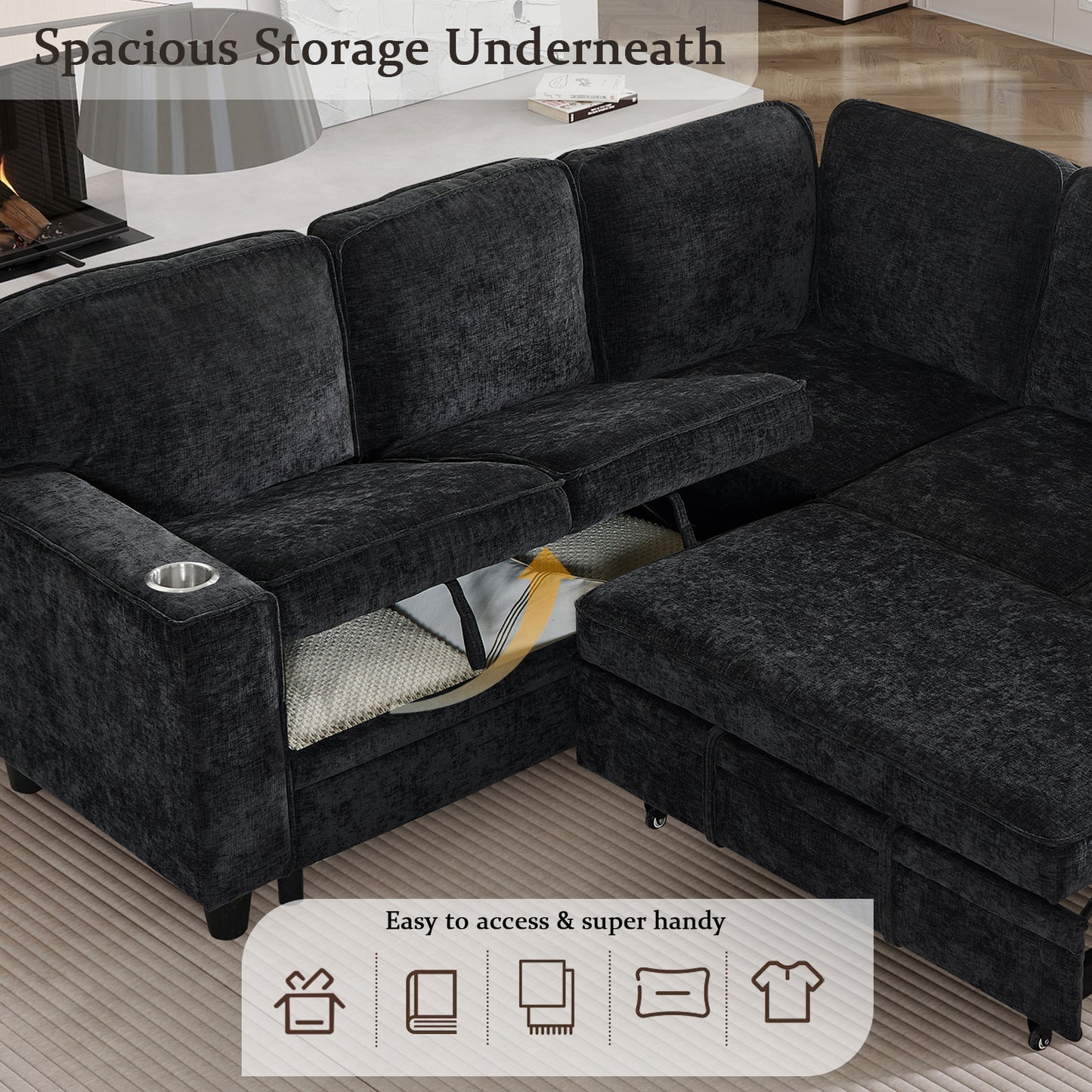 L-Shaped Sofa with Pull Out Sofa Bed, Sleeper Sofa Couch Bed with Storage Seat, 5 Seat Sectional Sofa Bed with USB, Sectional Sofa Couch for Living Room, Apartment, Charcoal Grey image 5