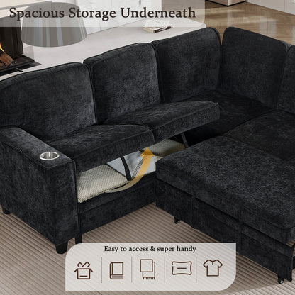 L-Shaped Sofa with Pull Out Sofa Bed, Sleeper Sofa Couch Bed with Storage Seat, 5 Seat Sectional Sofa Bed with USB, Sectional Sofa Couch for Living Room, Apartment, Charcoal Grey image 5