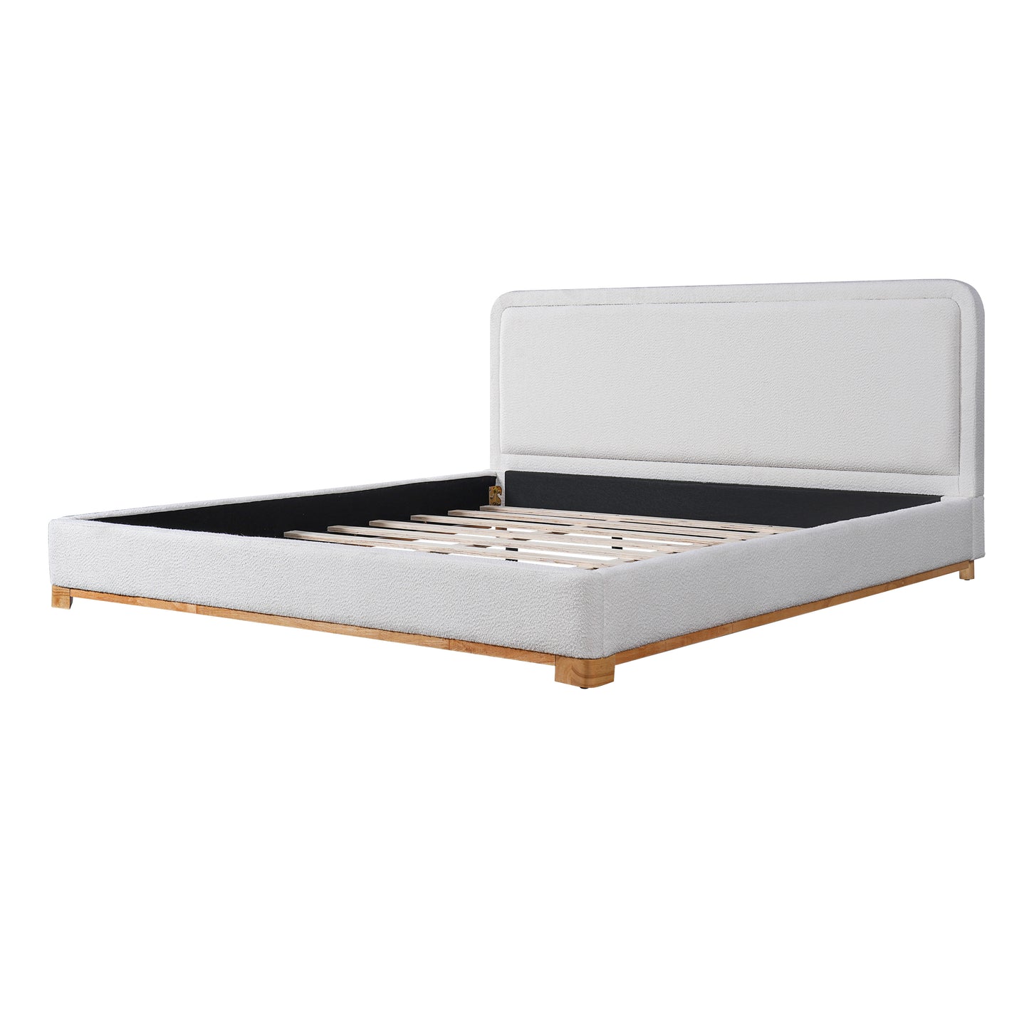 King Size Bed Frame With Boucle Upholstered Curved Headboard, Solid Wood Base And Legs, White image 9