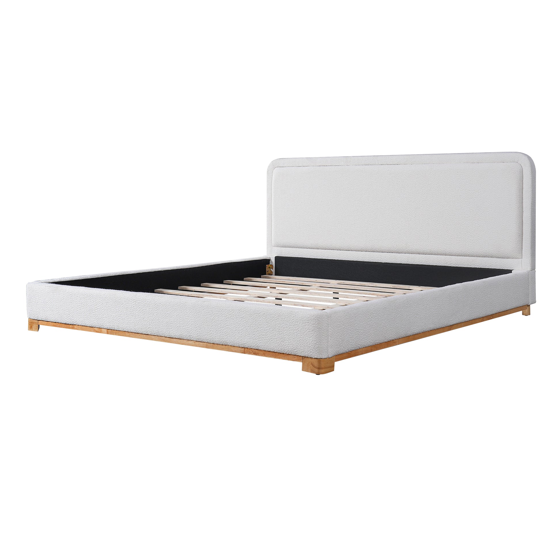 King Size Bed Frame With Boucle Upholstered Curved Headboard, Solid Wood Base And Legs, White image 9