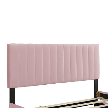 Queen Size Velvet Upholstered Platform Bed with Twin XL Size Trundle, Pink image 10