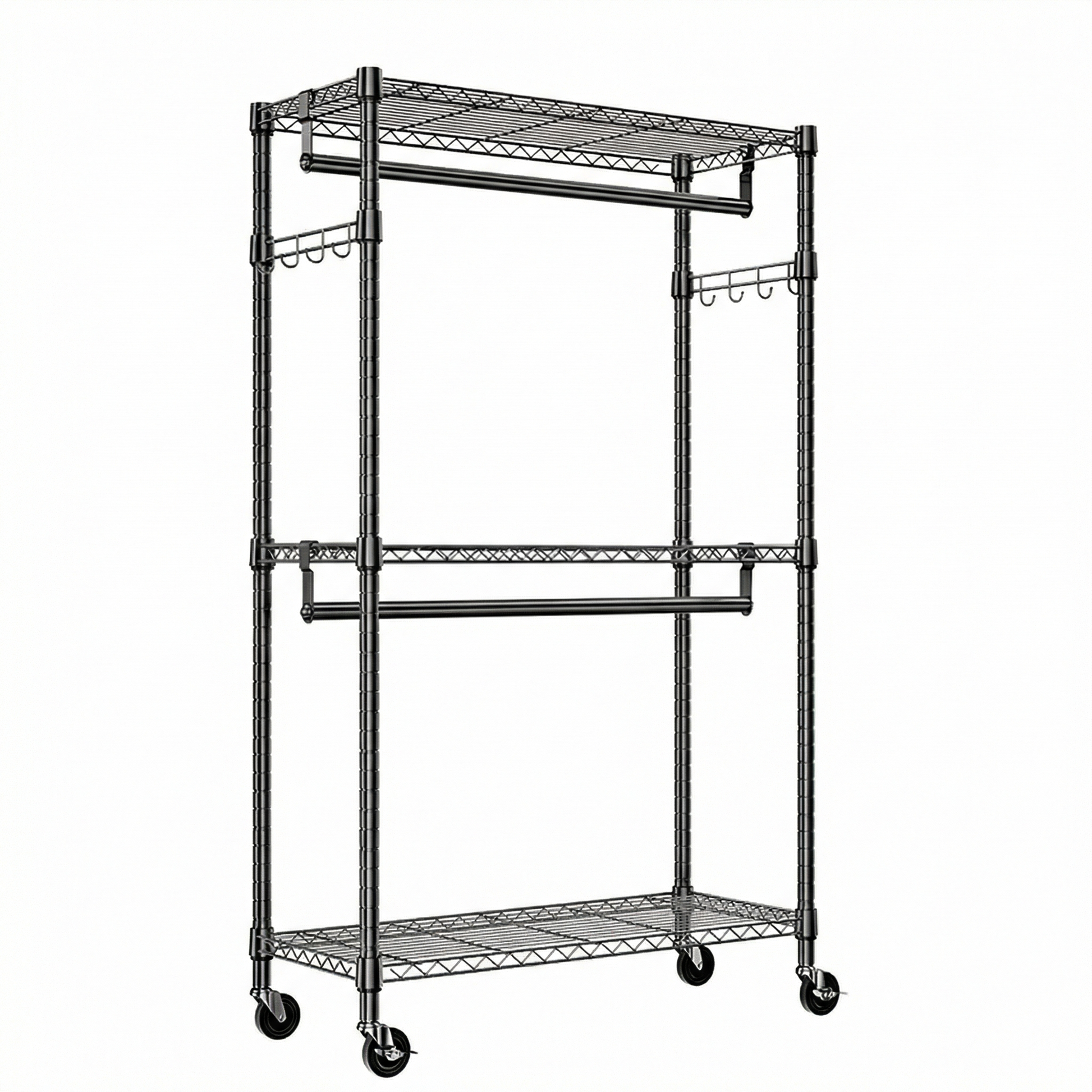 Heavy Duty Rolling Garment Rack 3 Tiers Adjustable Wire Shelving Clothes Rack with 2 Rods and Side Hooks,Storage Closet Clothing Rack with Wheels Black 15.7" D x 29.5" W x 74.5" H image 8