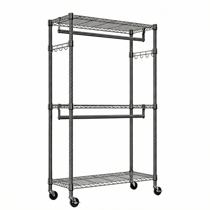 Heavy Duty Rolling Garment Rack 3 Tiers Adjustable Wire Shelving Clothes Rack with 2 Rods and Side Hooks,Storage Closet Clothing Rack with Wheels Black 15.7" D x 29.5" W x 74.5" H image 8