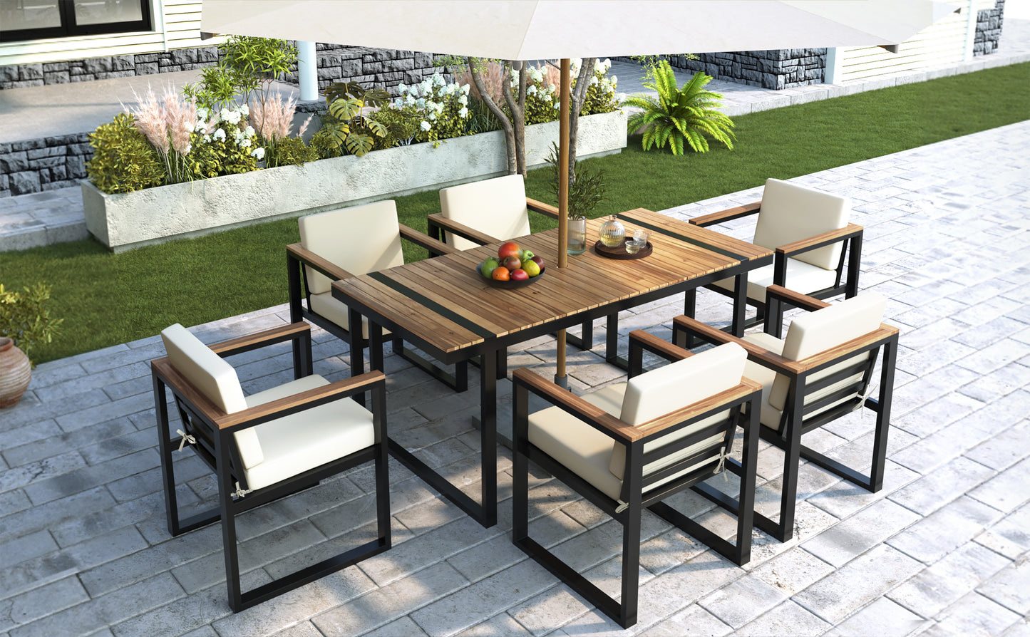 7 Pieces Outdoor Dining Set Patio Dining Table and Chair Set with and Removable Cushions for Patio, Backyard, Garden, Beige image 11