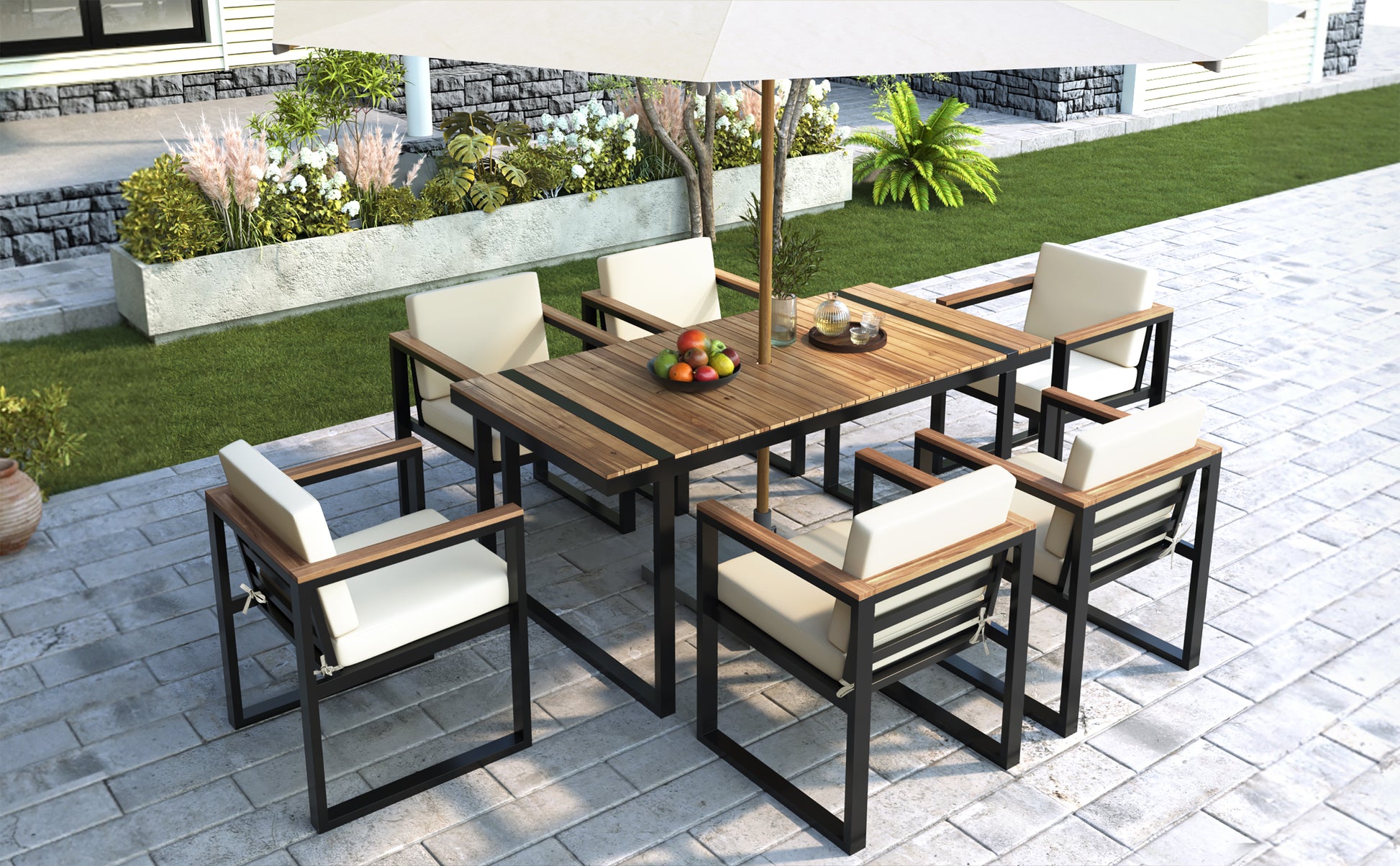 7 Pieces Outdoor Dining Set Patio Dining Table and Chair Set with and Removable Cushions for Patio, Backyard, Garden, Beige image 11