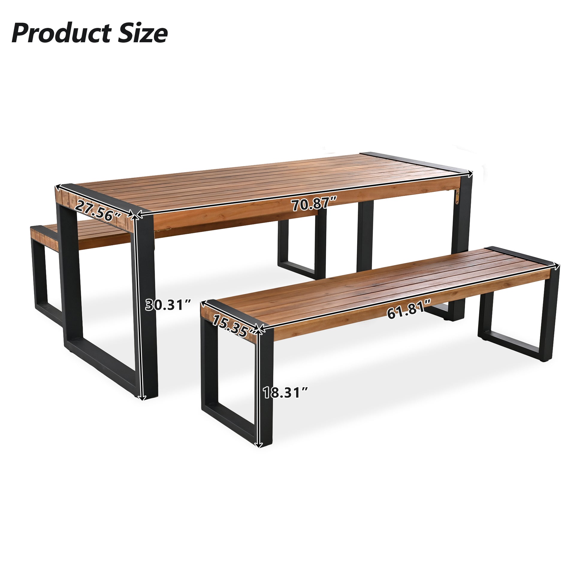 <Old SKU: FG201232AAA> GO 3-pieces Outdoor Dining Table With 2 Benches, Patio Dining Set With Unique Top Texture, Acacia Wood Top & Steel Frame, All Weather Use, For Outdoor & Indoor, Natural image 7