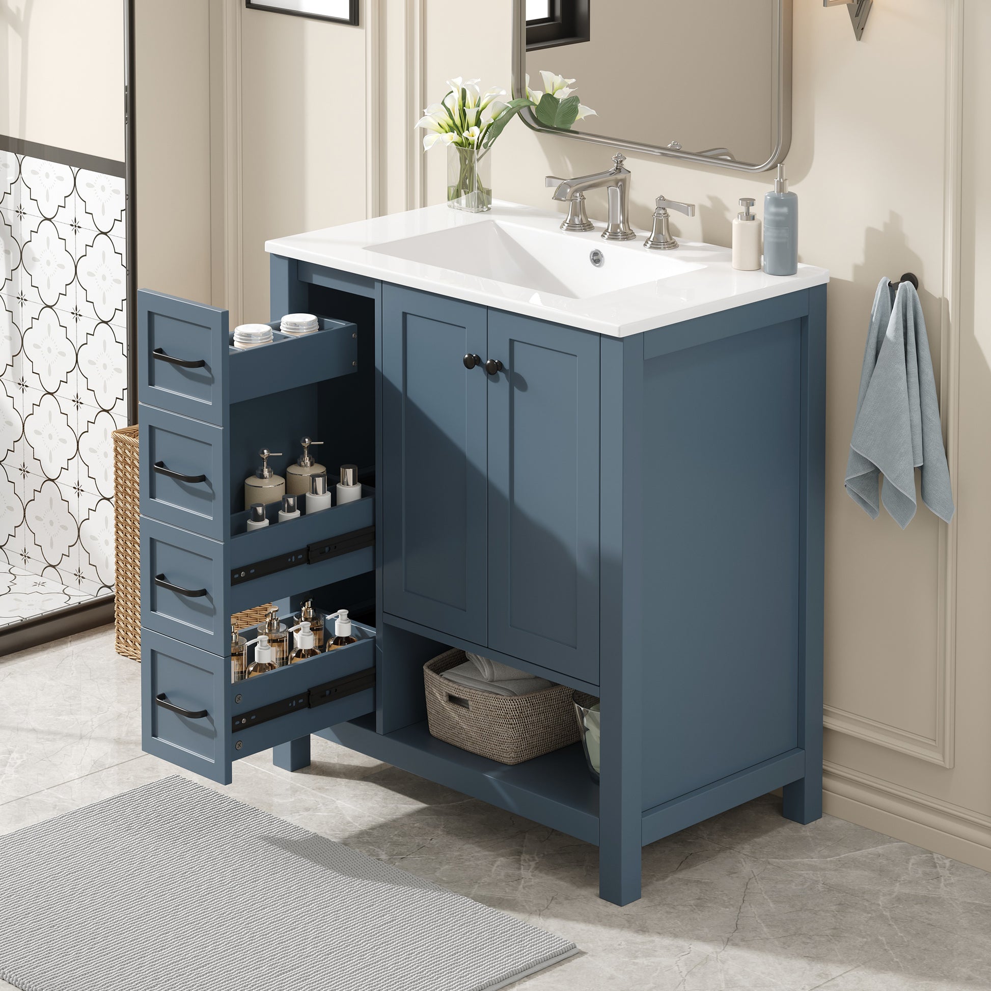 30" Bathroom Vanity with Sink Top, Bathroom Vanity Cabinet with Two Doors and Two Drawers, Solid Wood, Open shelf, MDF Boards, One Package, Blue Gray image 1