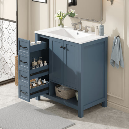 30" Bathroom Vanity with Sink Top, Bathroom Vanity Cabinet with Two Doors and Two Drawers, Solid Wood, Open shelf, MDF Boards, One Package, Blue Gray image 1