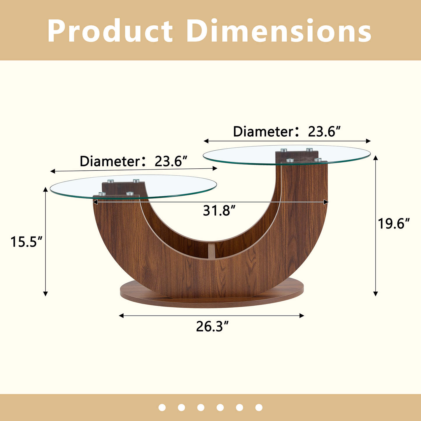 Creative U-Shaped Double-Tier Glass Coffee Table with Walnut MDF Base - side view showing height and tier spacing