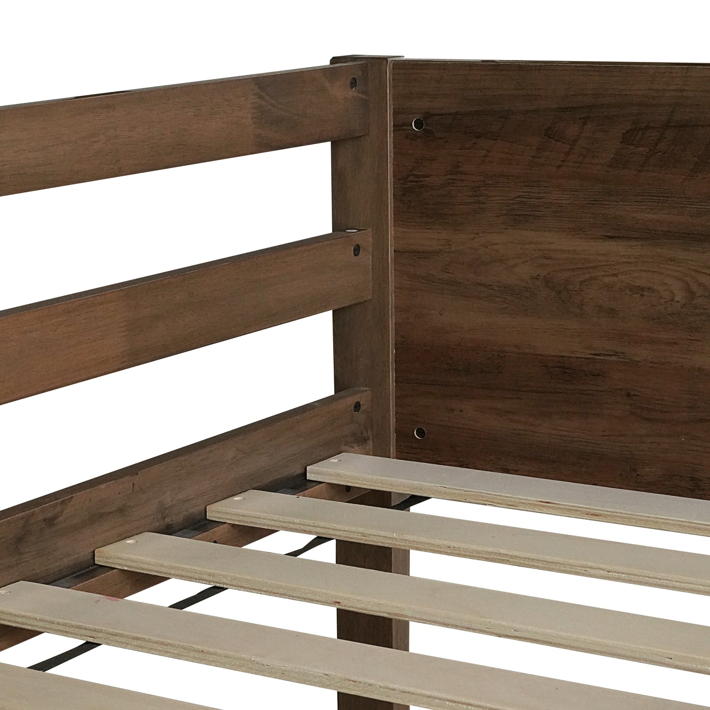 Twin over Twin Floor Bunk Bed with Panelled Headboard and Footboard, Solid Rubber Wood Foundation with Safety Guardrails, Built-in ladder,Antique Oak(Old Sku W504P263818) image 6