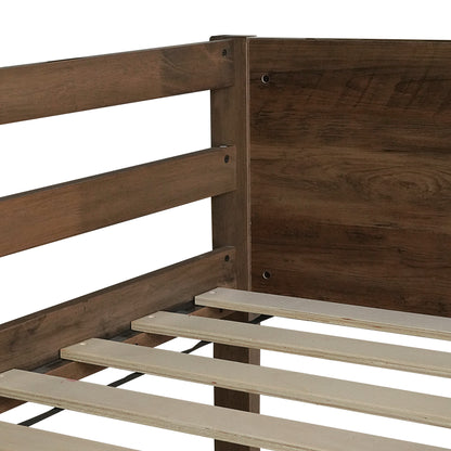 Twin over Twin Floor Bunk Bed with Panelled Headboard and Footboard, Solid Rubber Wood Foundation with Safety Guardrails, Built-in ladder,Antique Oak(Old Sku W504P263818) image 6