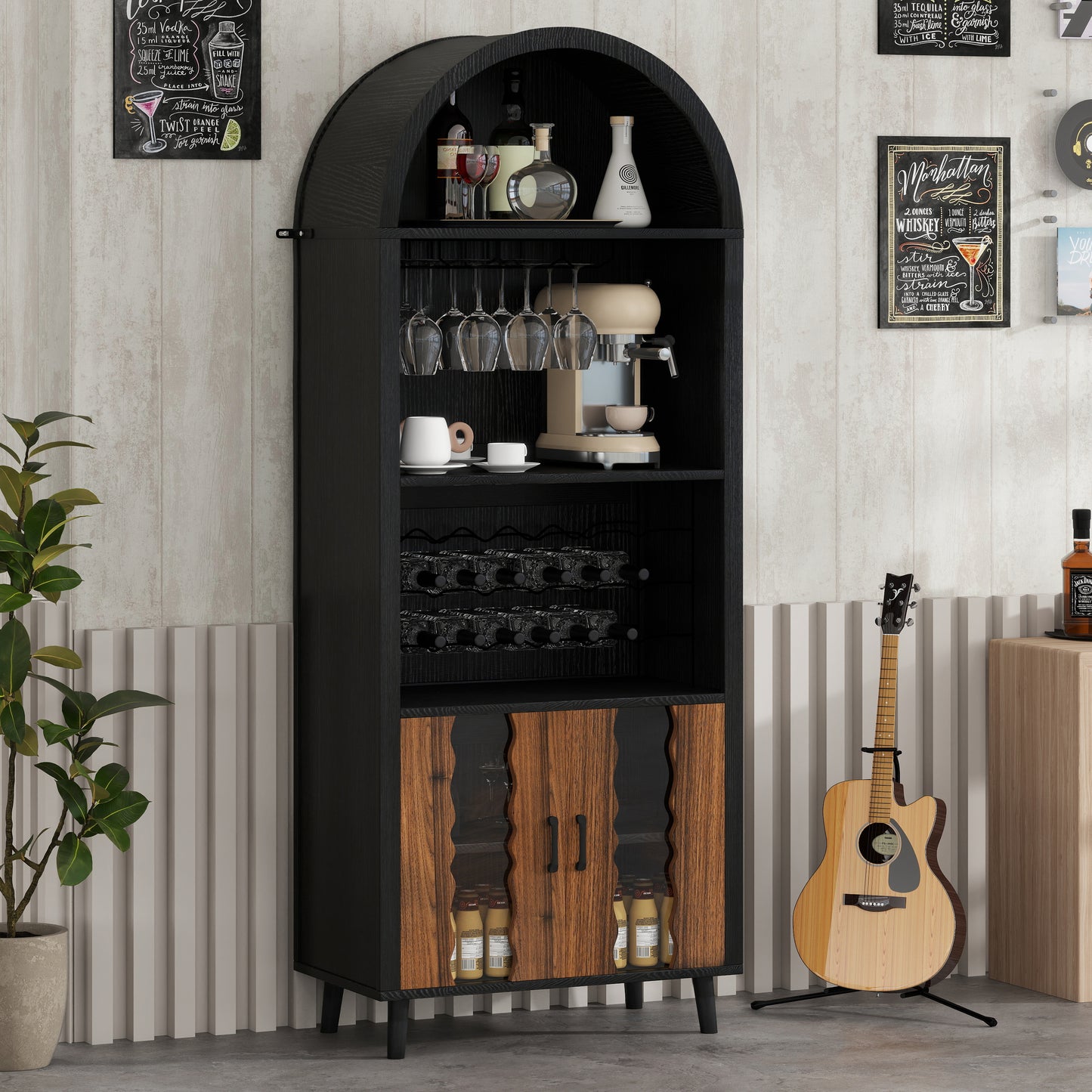 71"Farmhouse Arched Wine Bar Cabinet: tall arched display cabinet, arch black cabinets &coffee bar, whiskey station with wine rack and Wine Glass Holder - Liquor Bars Cabinet for Living Dining Room image 2