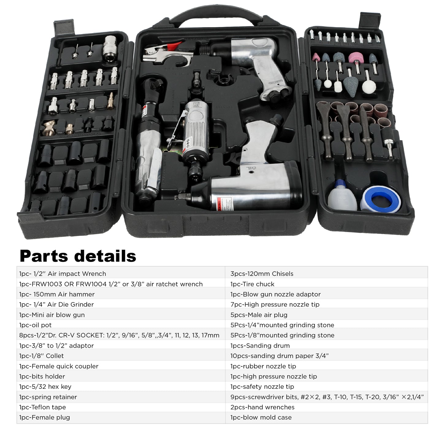 71 Piece Air Tool and Accessories Kit, Impact Wrench, Air Ratchet, Die Grinder, Aire Hammer, Hose Fittings, Storage Case image 10
