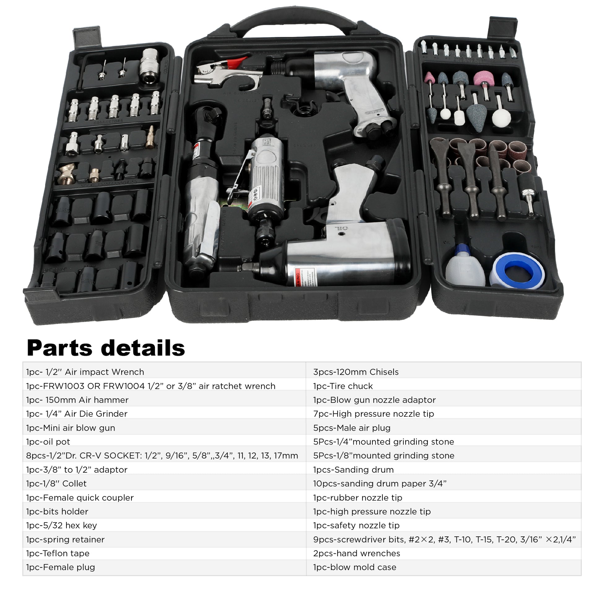 71 Piece Air Tool and Accessories Kit, Impact Wrench, Air Ratchet, Die Grinder, Aire Hammer, Hose Fittings, Storage Case image 10