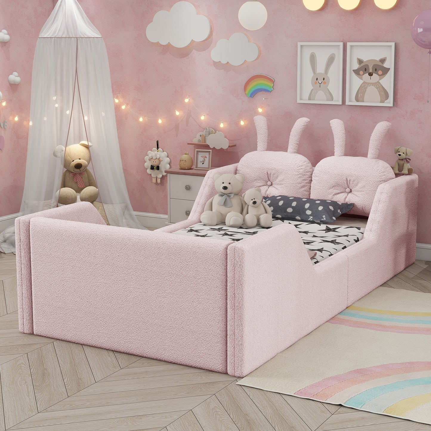 Twin Size Upholstered Platform Bed with Rabbit Cushion, Kids Floor Upholstered Bed with Removable Side Rails, Pink(Old SKUW2593P395807 Expect Arrival Date 2026/7/14) image 2