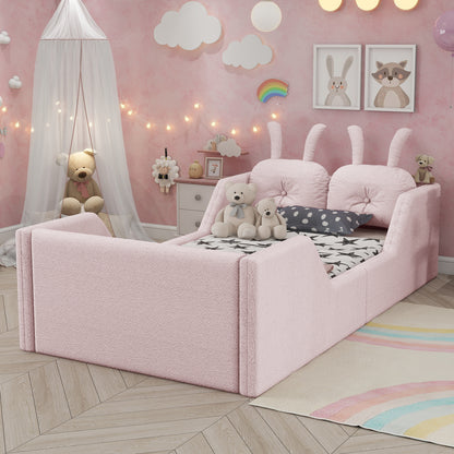 Twin Size Upholstered Platform Bed with Rabbit Cushion, Kids Floor Upholstered Bed with Removable Side Rails, Pink(Old SKUW2593P395807 Expect Arrival Date 2026/7/14) image 2