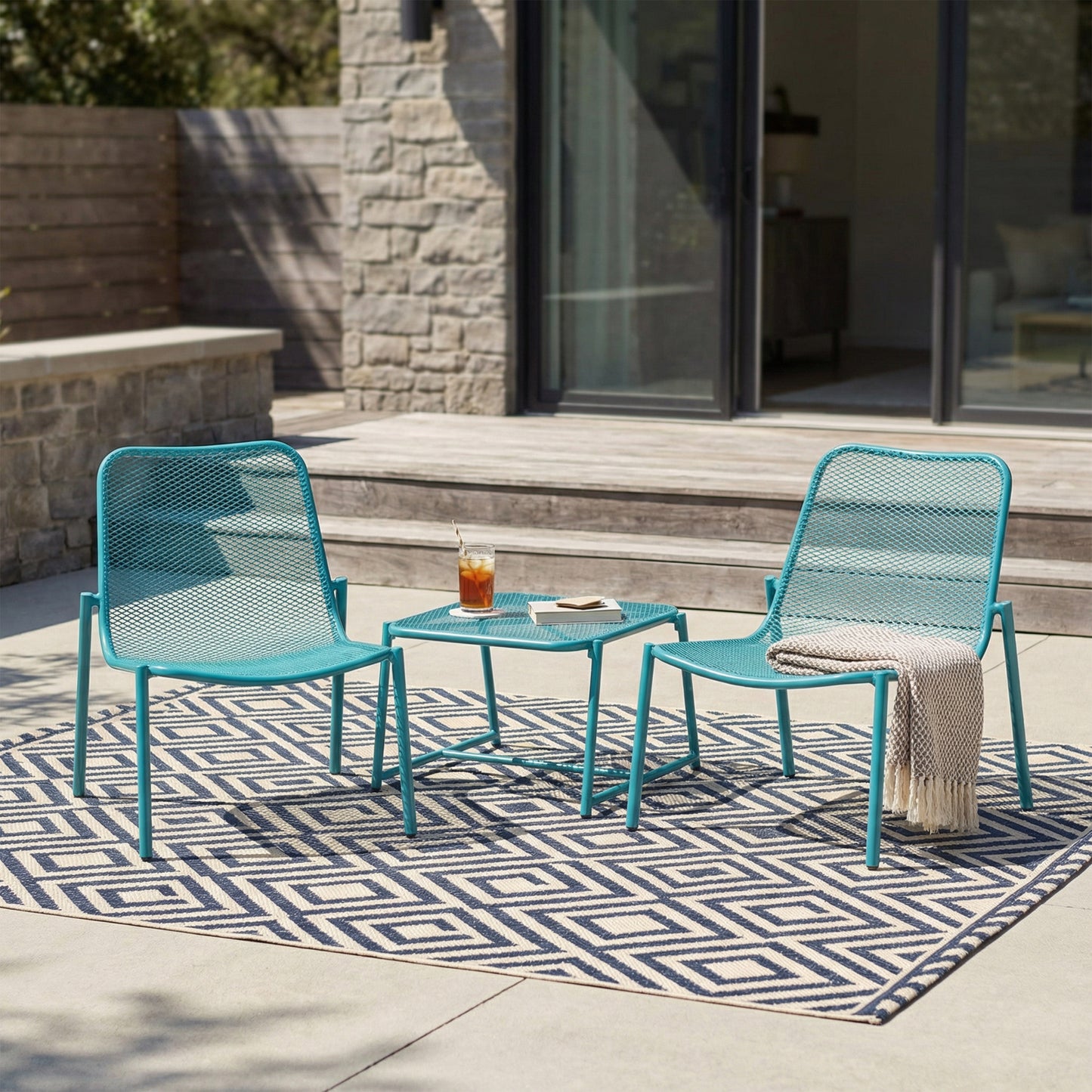 Kincaid Outdoor 3-Piece Conversation Set with IRON Frame - 2 Mesh Chairs & 1 Side Table, Matte Teal Finish image 2