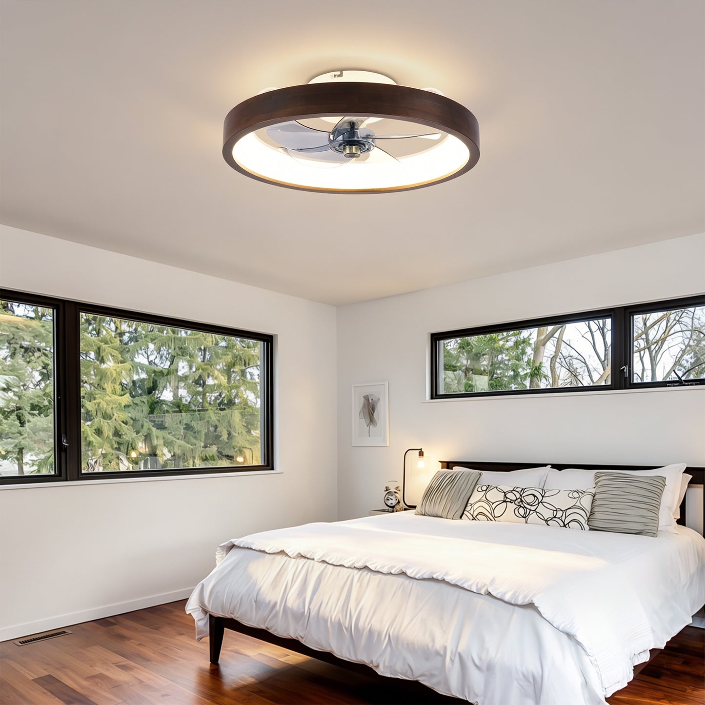 20" Modern Flush Mount Ceiling Fans with Lights Kit (LED), 3000-6500K Dimmable LED Fan Light, 6 Speeds, Quiet DC Motor For Living room, Bedroom,Kitchen----Wood+White image 8