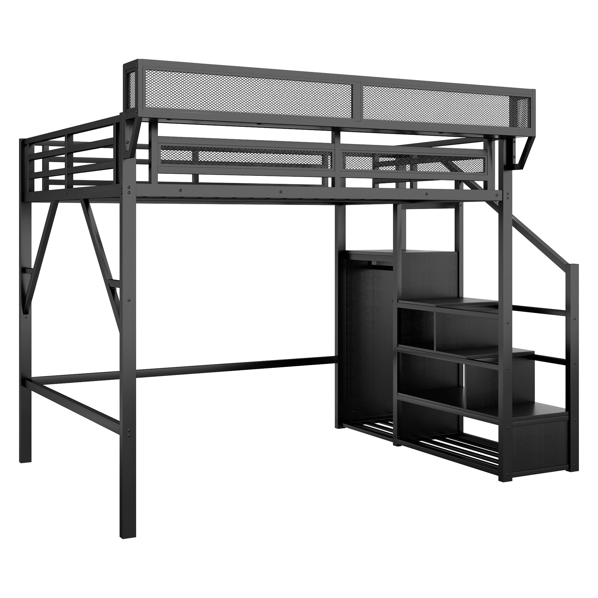 Full Size Loft Bed with Stairs, Metal Full Loft Bed with Storage Shelves, High Loft Bed with Wardrobe for Kids Teens, Black(Old skuW2580S00037) image 9