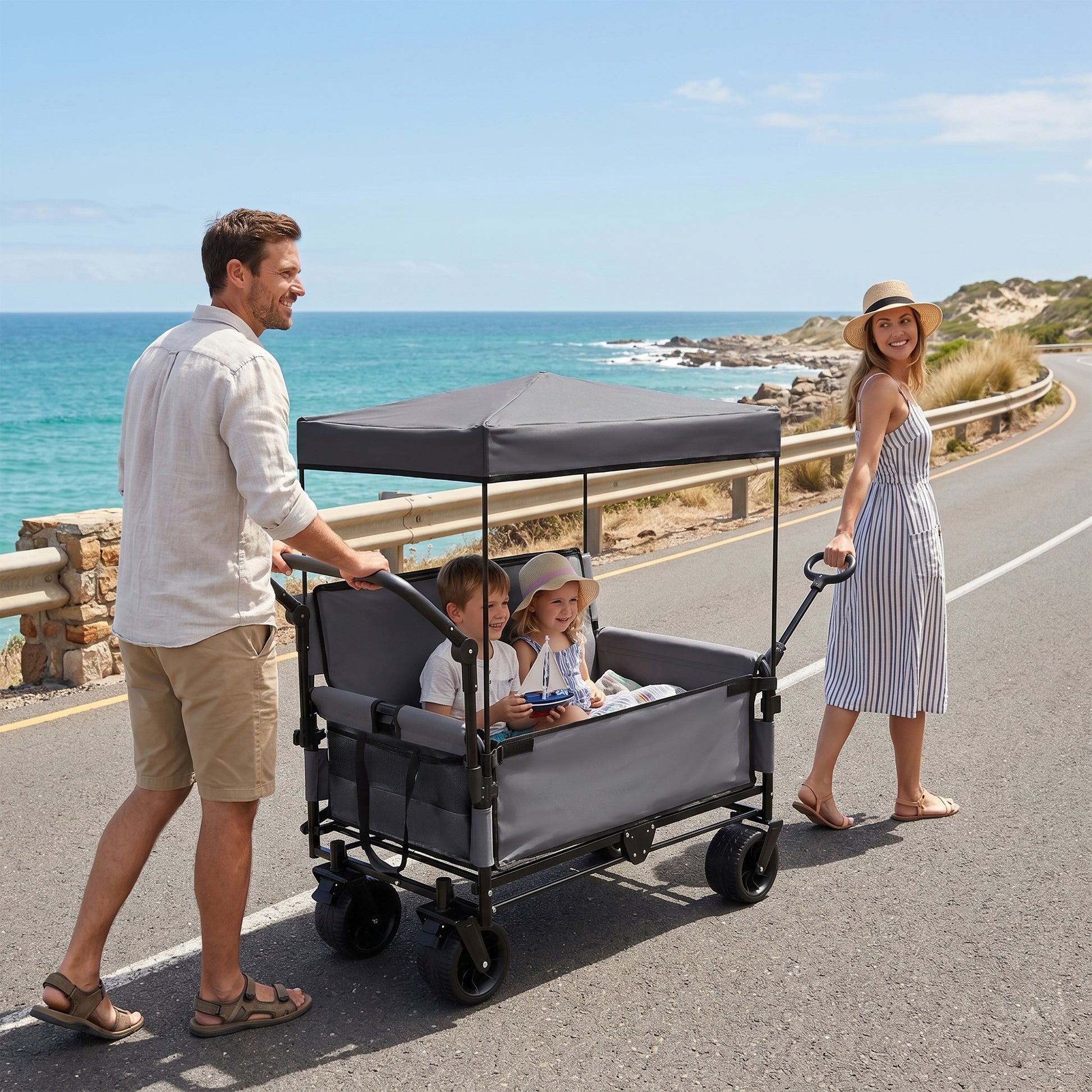 3-in-1 Folding Wagon Cart with Bench Seat & Canopy & Storage, 500lbs Heavy-Duty, 180L Capacity, All-Terrain Wagon for Camping, Beach, Sports, & Garden, Gray image 4