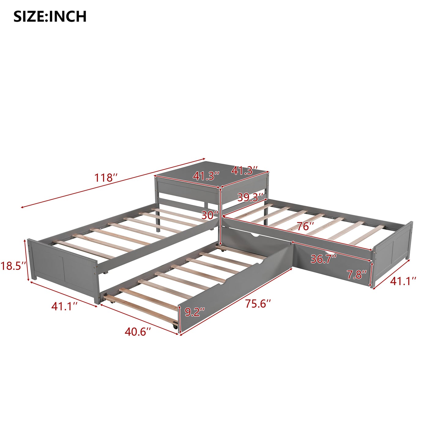 L-shaped Platform Bed with Trundle and Drawers Linked with built-in Desk,Twin,Gray(Old SKU:SM000916AAE-1) image 7
