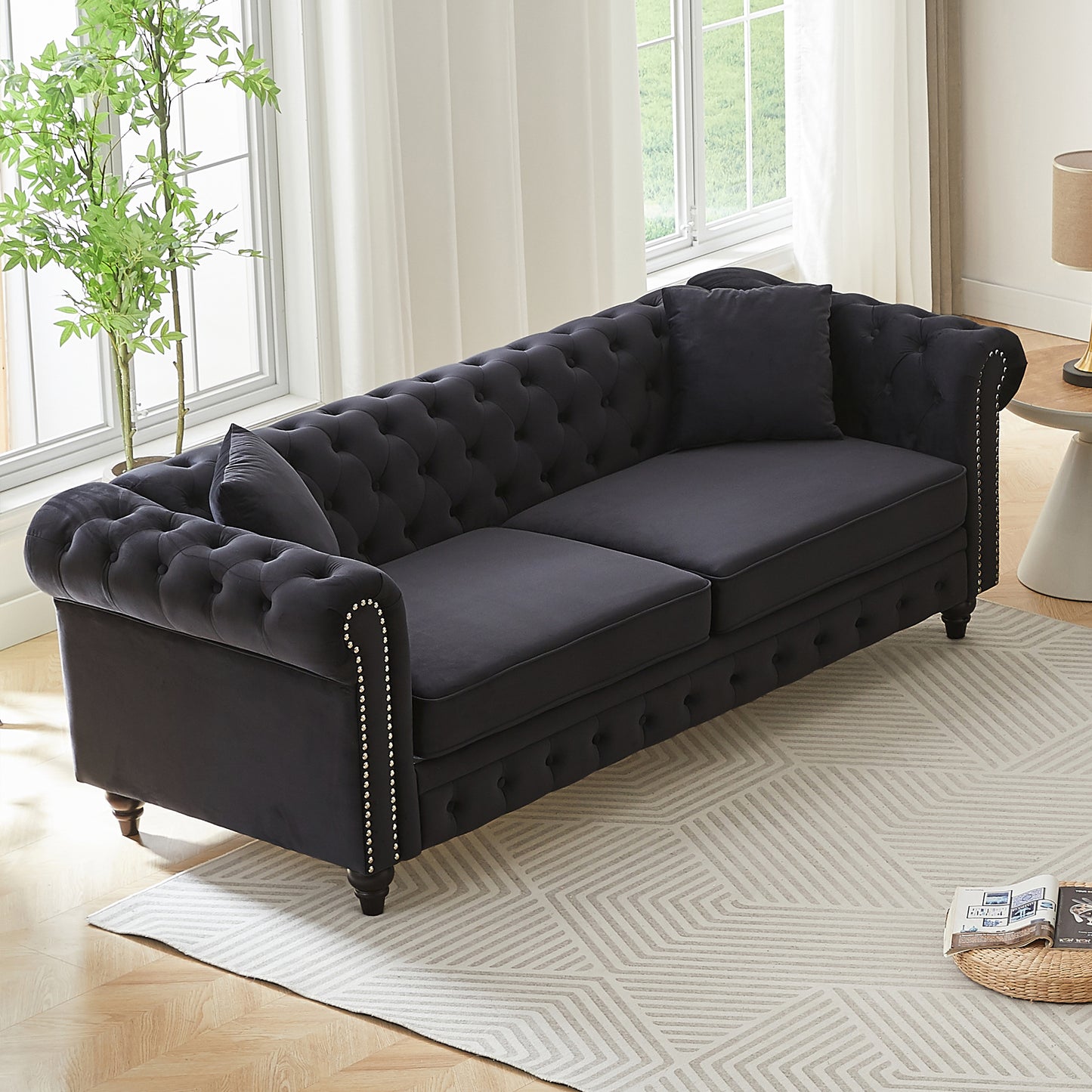 FX 85.5"Living Room with velvet Chesterfield Sofa with Rolled Arms 3 Seater Sofa with Button Design and 2 Cushions for Apartment, Office, Living Room W1926S00064 image 5