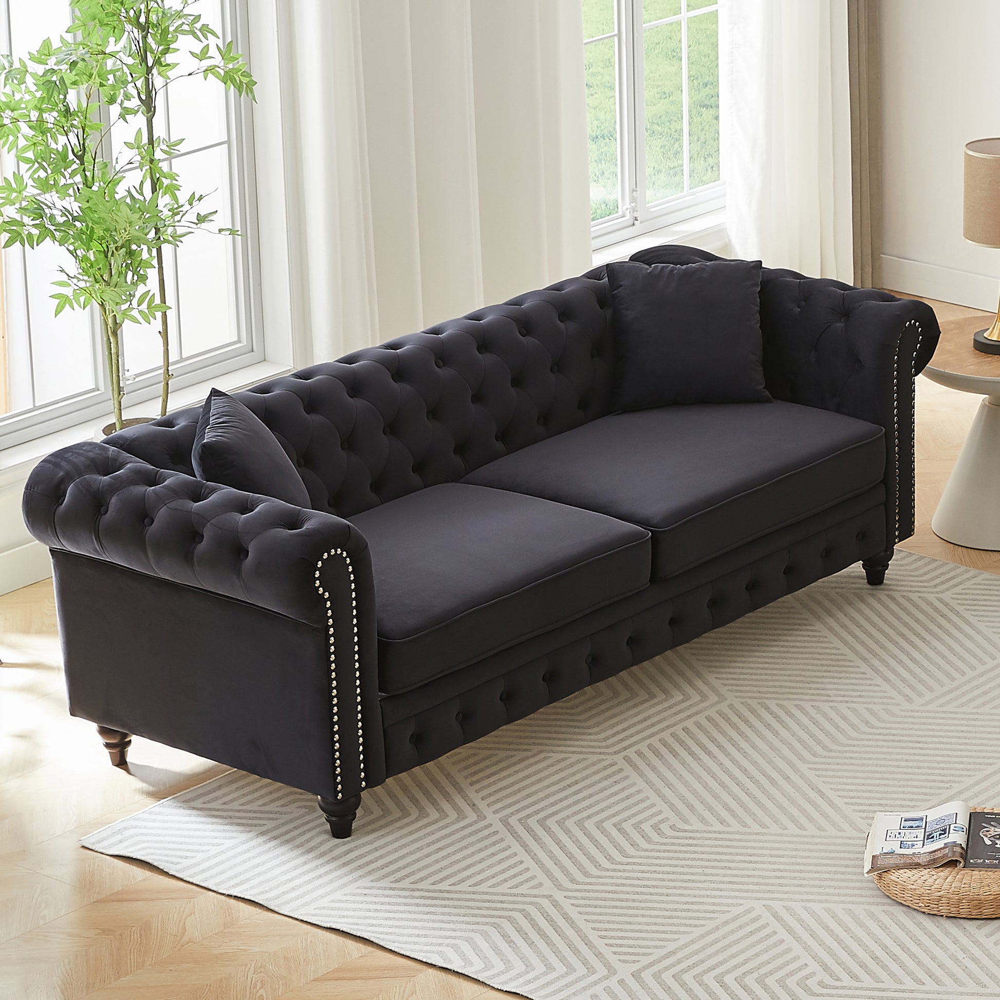 FX 85.5"Living Room with velvet Chesterfield Sofa with Rolled Arms 3 Seater Sofa with Button Design and 2 Cushions for Apartment, Office, Living Room W1926S00064 image 5